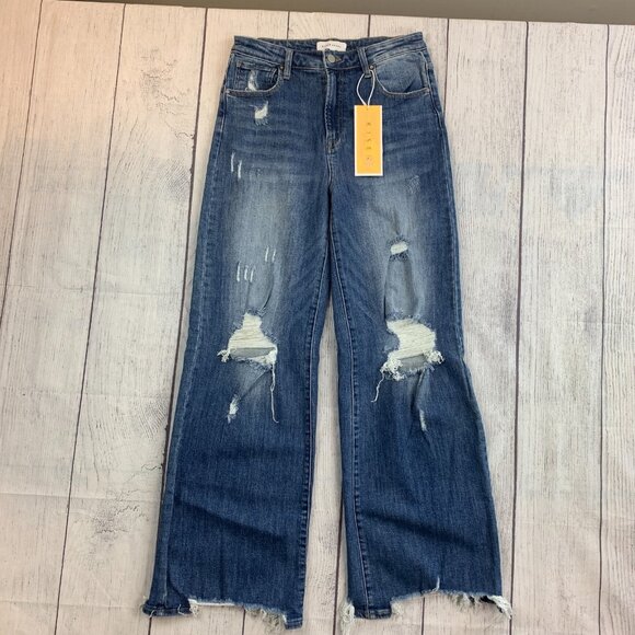 Risen Jeans 13 / 31 Dark Wash Inseam 31.5" High Rise Wide Leg Distressed New NWT - Picture 1 of 16